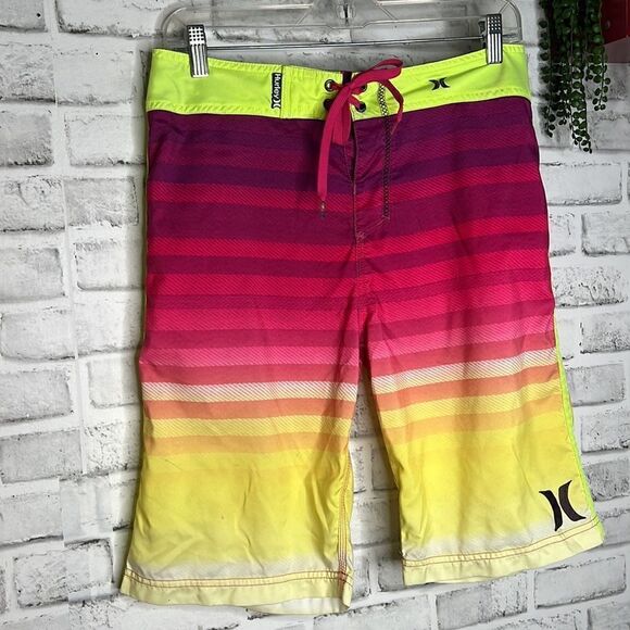 Hurley Neon Striped Bathing Suit Swim Trunks Shorts Size 30 - Picture 2 of 5